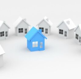 una casa blu da provenienza donativa in mezzo a case bianche